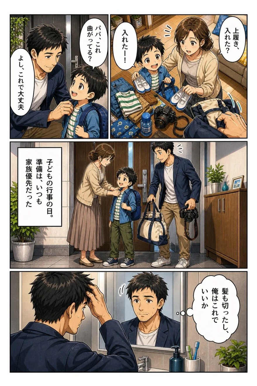 漫画1 家族行事の朝、身だしなみを後回しにする父
